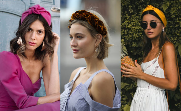 Accesorios bonitos para cabello; peinado con diademas de tela, rosa, amarillo y mostaza