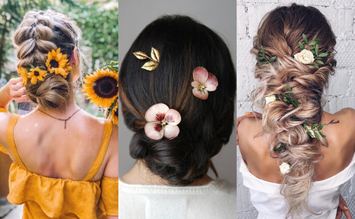 Accesorios bonitos para cabello; pasadores de flores, girasoles, rosas y pensamientos, peinados de trenzas y buns