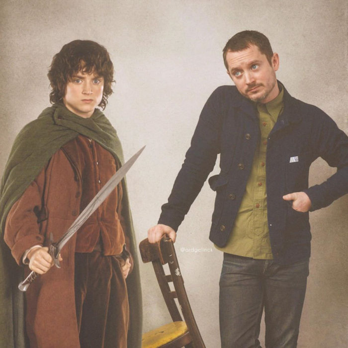 Fotografías de actores junto a personajes que interpretaron; El señor de los anillos, Frodo Bolsón, Elijah Wood