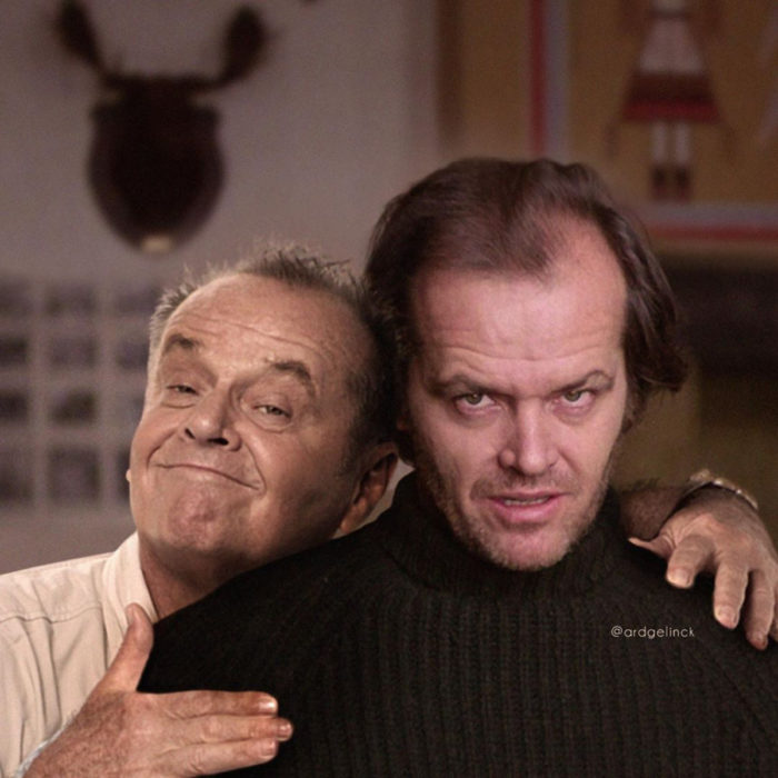 Fotografías de actores junto a personajes que interpretaron; El resplandor, The Shinning, Jack Torrance, Jack Nicholson