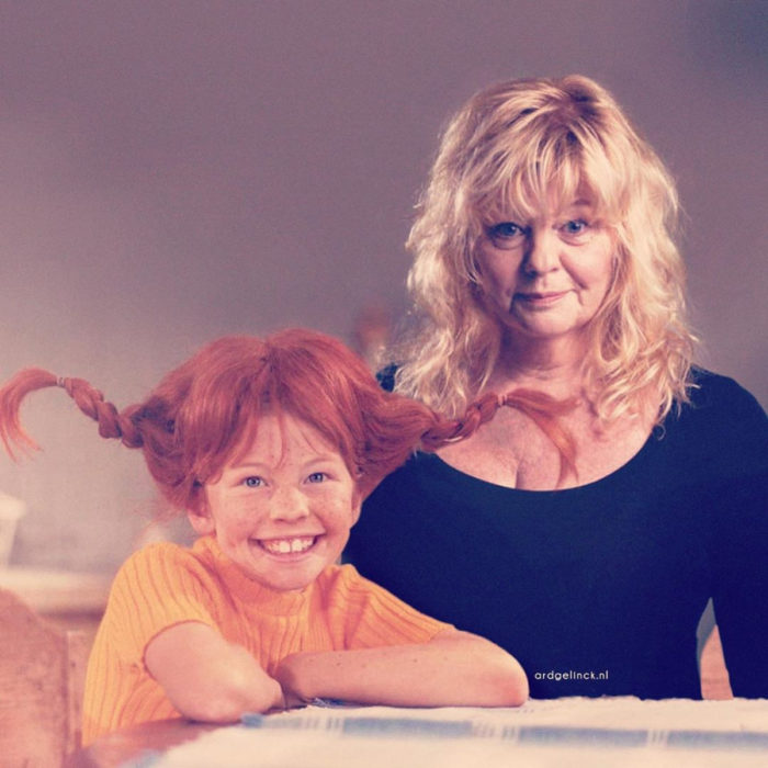 Fotografías de actores junto a personajes que interpretaron; Pippi Longstocling, Inger Nilsson