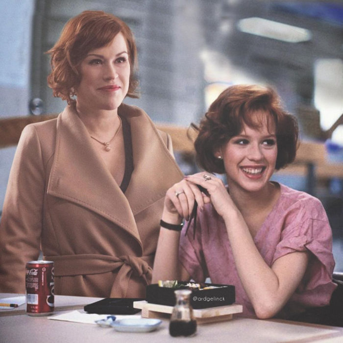 Fotografías de actores junto a personajes que interpretaron; Breakfast Club, El club de los cinco, Claire Standish, Molly Ringwald