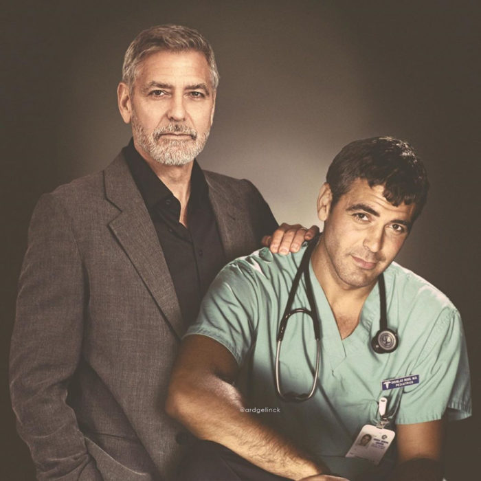 Fotografías de actores junto a personajes que interpretaron; George Clooney, Doug Ross, ER