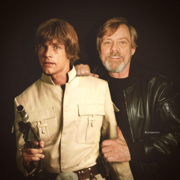 Fotografías de actores junto a personajes que interpretaron; Star Wars, La guerra de las galaxias, Luke Skywalker, Mark Hamill