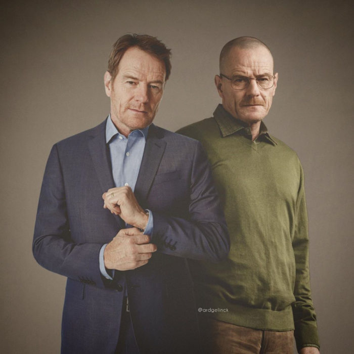 Fotografías de actores junto a personajes que interpretaron; Breaking Bad, Walter White, Bryan Cranston