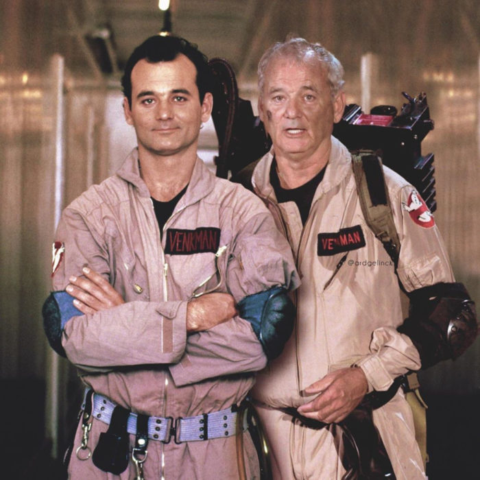 Fotografías de actores junto a personajes que interpretaron; Los cazafantasmas, Peter Venkman, Bill Murray