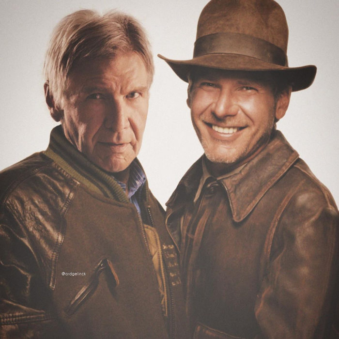 Fotografías de actores junto a personajes que interpretaron; Indiana Jones, Harrison Ford