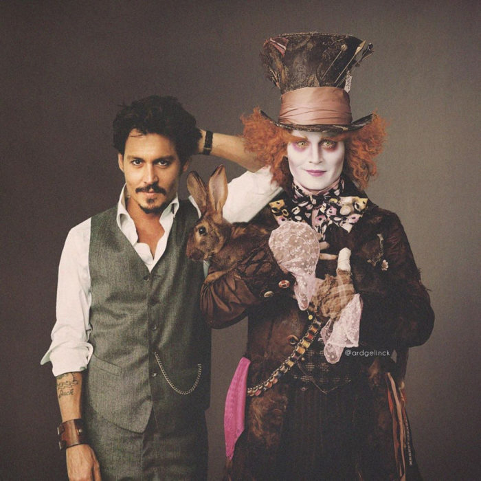 Fotografías de actores junto a personajes que interpretaron; Alicia en el país de las maravillas, Sombrerero loco, Johnny Depp