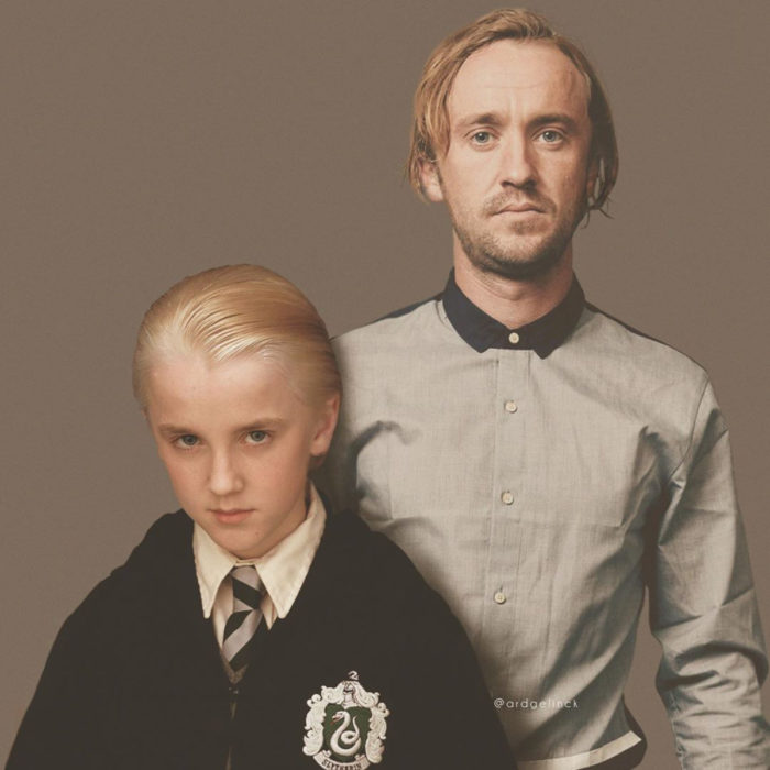 Fotografías de actores junto a personajes que interpretaron; Harry Potter, Draco Malfoy, Tom Felton