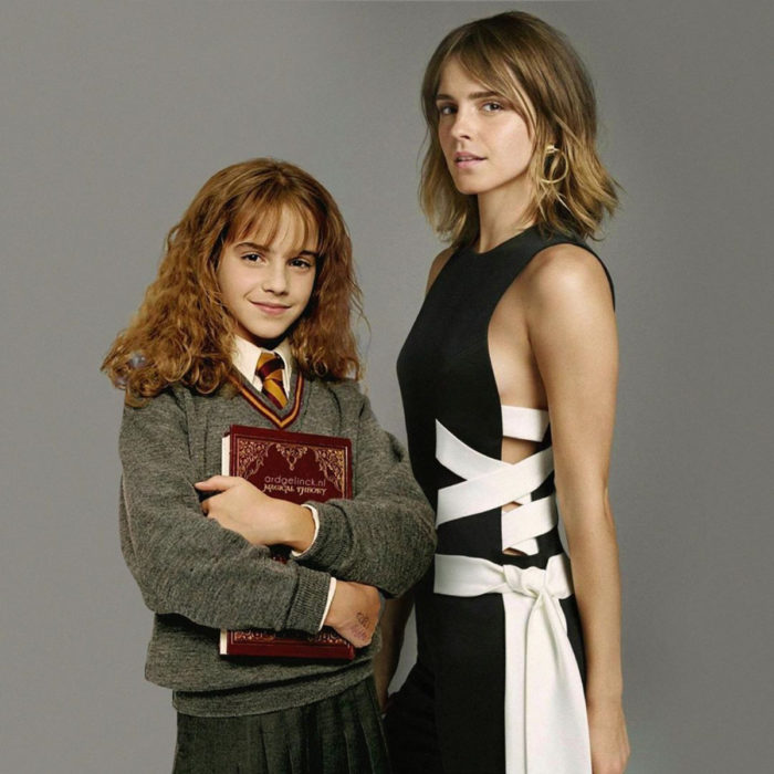 Fotografías de actores junto a personajes que interpretaron; Harry Potter, Hermione Granger, Emma Watson