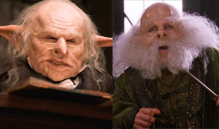 Warwick Davis interpretando dos papeles distintos en la saga de Harry Potter 