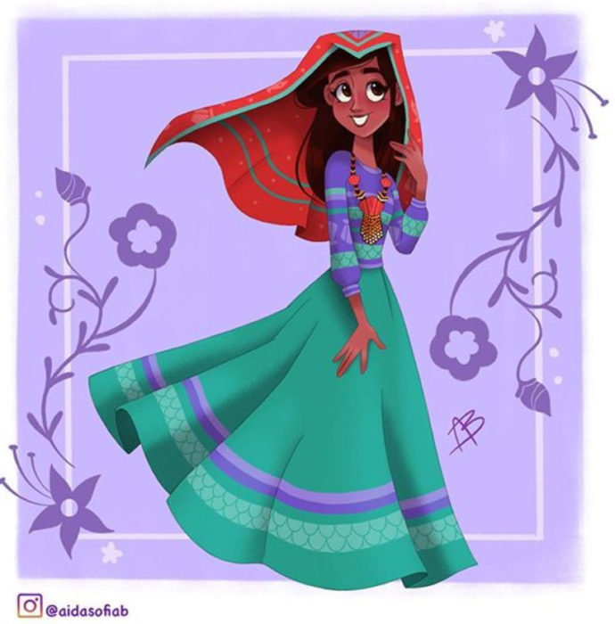 Ilustración de Aida Sofia Barba de la princesa Ariel usando el traje típico del estado de Nayarit