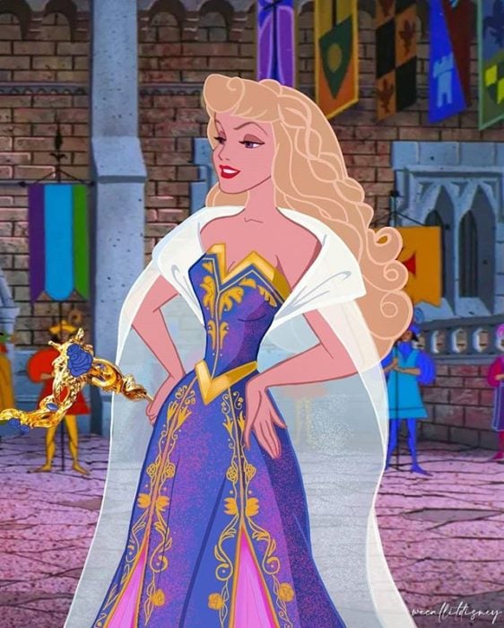 Princesa Aurora usando el vestido resideñado por la artista Marta Sánchez García