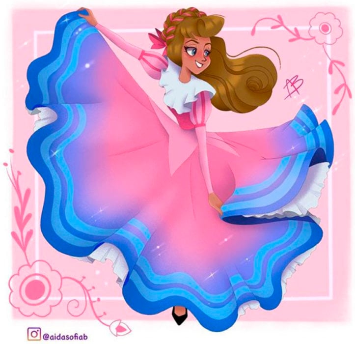 Ilustración de Aida Sofia Barba de la princesa Aurora usando el traje típico del estado de Jalisco
