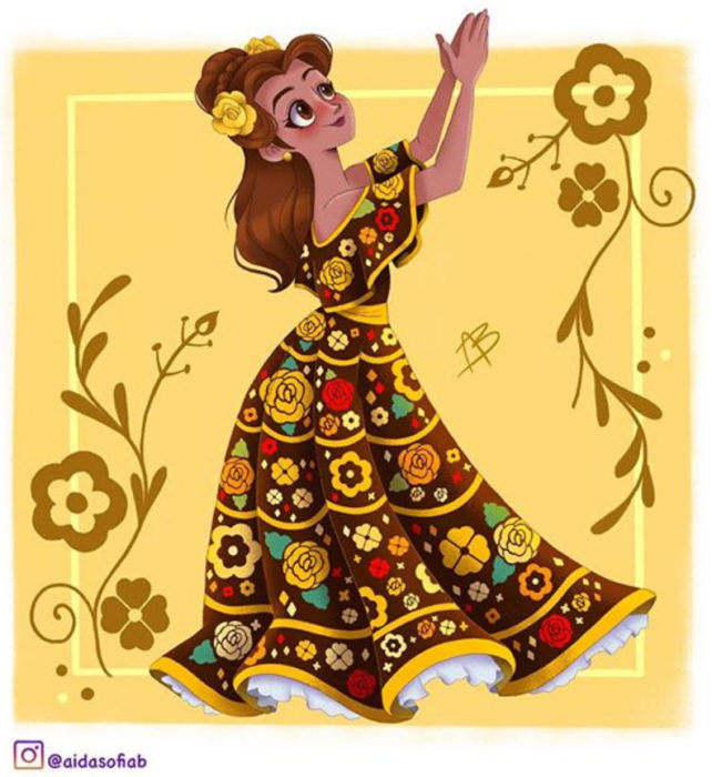 Ilustración de Aida Sofia Barba de la princesa Bella usando el traje típico del estado de Chiapas