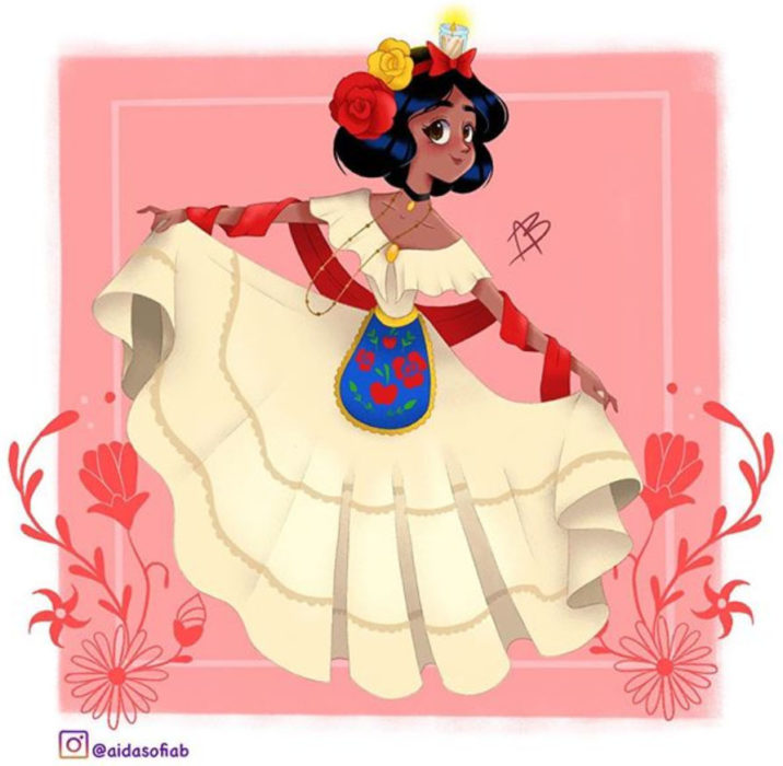 Ilustración de Aida Sofia Barba de la princesa Blancanieves usando el traje típico del estado de Veracruz