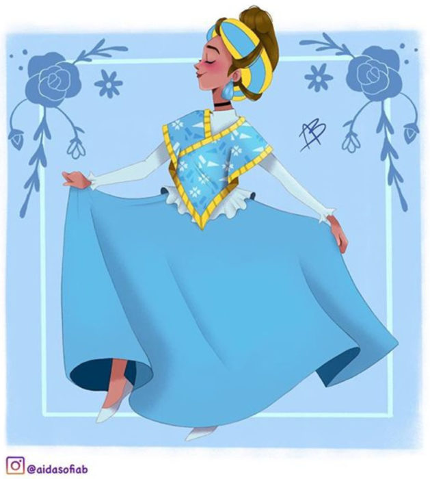 Ilustración de Aida Sofia Barba de la princesa Cenicienta usando el traje típico del estado de la Huasteca Potosina