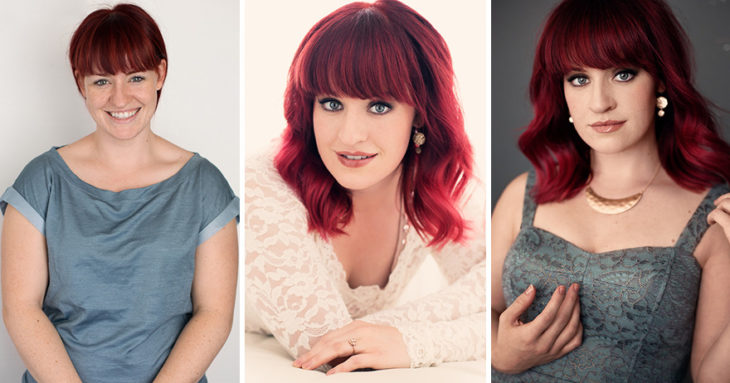 Fotografía de Emily London. Mujer con cabello corto teñido de rojo llevando outfits distintos