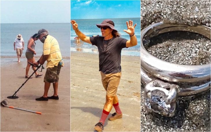 Personas buscando un anillo de compromiso en la orilla del mar