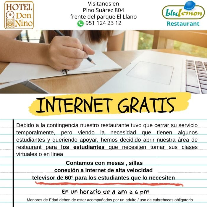 Flyer informativo de Hotel don nino dnado a conocer la ayuda a estudiantes