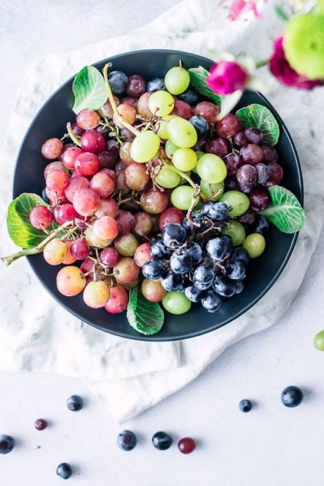 Uvas de colores sobre un plato redondo 