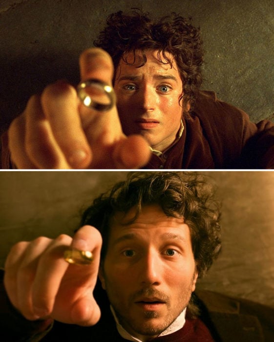 Chico recreando escena de la película El Hobbit con un anillo de fantasía