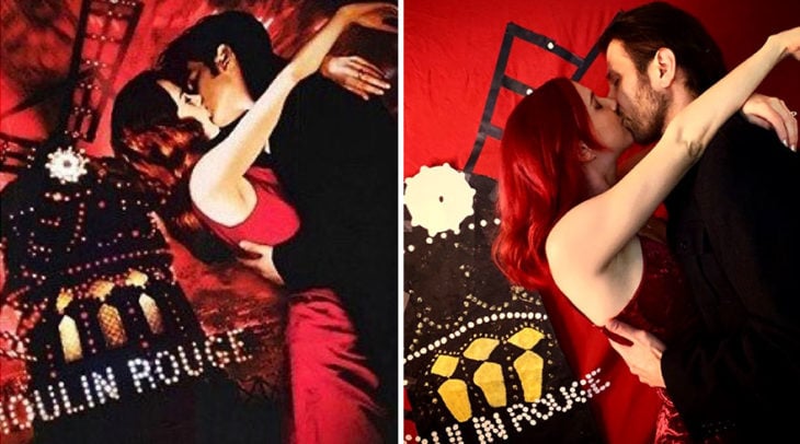 Pareja recrea escena de la película Moulin Rouge usando sabanas rojas y papel lustre