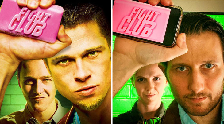 Pareja recrea escena de la película El club de la pelea usando sabanas verdes y un celular