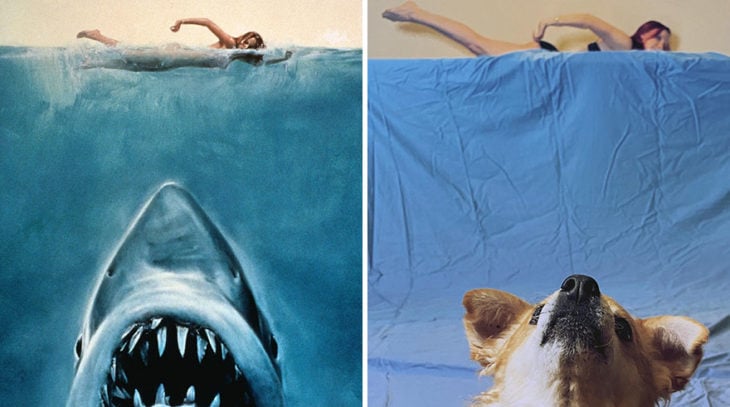 Pareja recreando una escena de la película Tiburón con ayuda de una sabana azul y un perro corgi