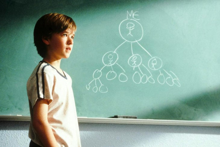 Escena de la película Cadena de favores en la que se muestra a un niño frente a un pizarrón escribiendo 