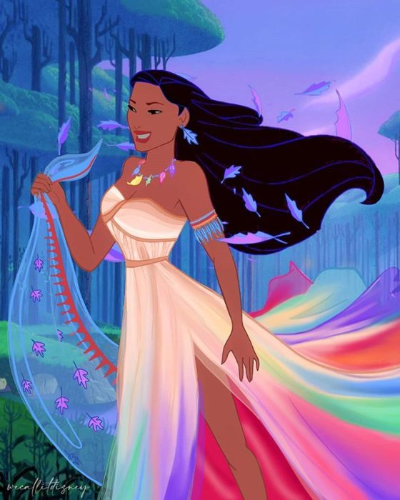 Pocahontas usando el vestido resideñado por la artista Marta Sánchez García