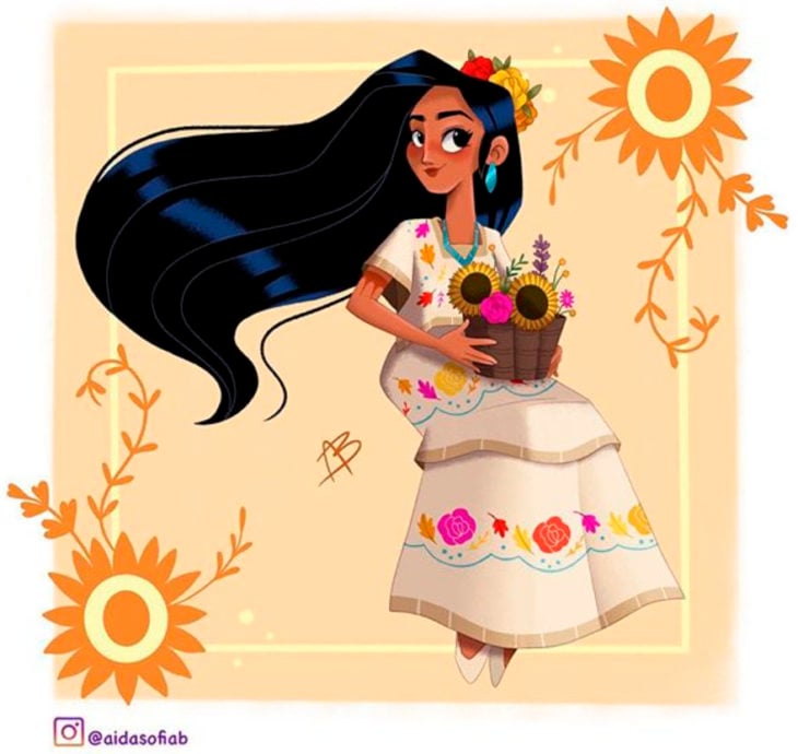 Ilustración de Aida Sofia Barba de Pocahontas usando el traje típico del estado de Yucatán