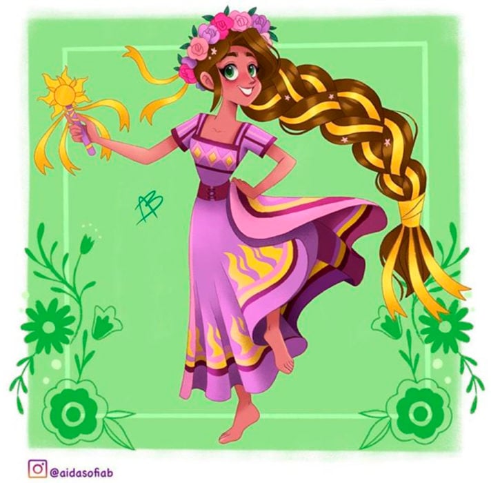 Ilustración de Aida Sofia Barba de la princesa Rapunzel usando el traje típico del estado de Michoacán