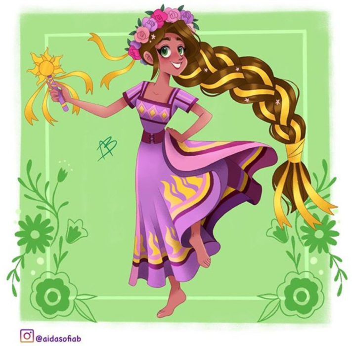 Ilustración de Aida Sofia Barba de la princesa Rapunzel usando el traje típico del estado de Michoacán