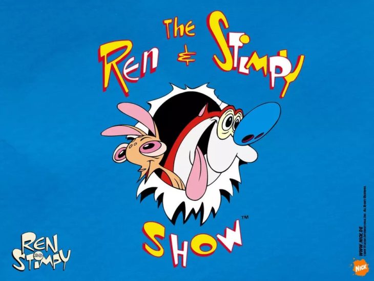 Escena de la serie anamida Ren y Stimpy, con Ren y Stimpy saliendo de un telón azul