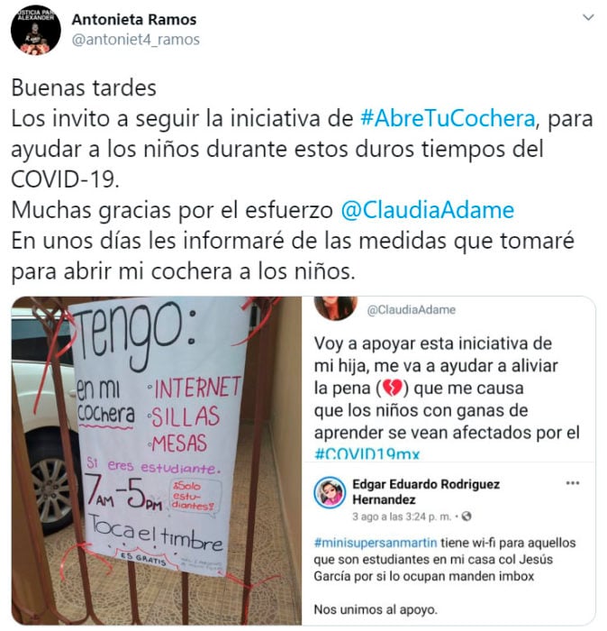 Screen shot de felicitación a Claudia por la iniciativa de #AbreTuCochera