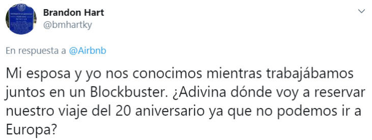 Screenshot de tuit en el que hablan sobre el proyecto de Blockbuster y Airbnb