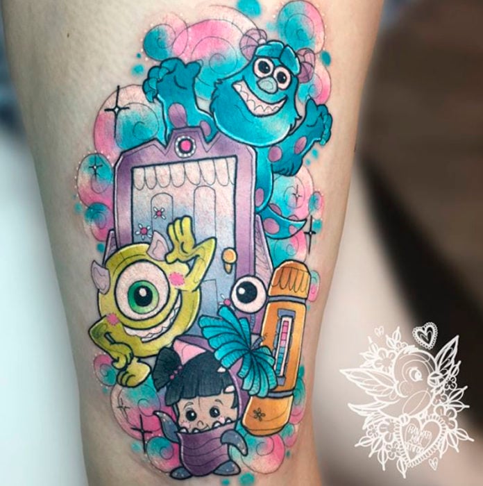 Tatuaje de Hannah Mai inspirado en los personajes de Monsters Inc.