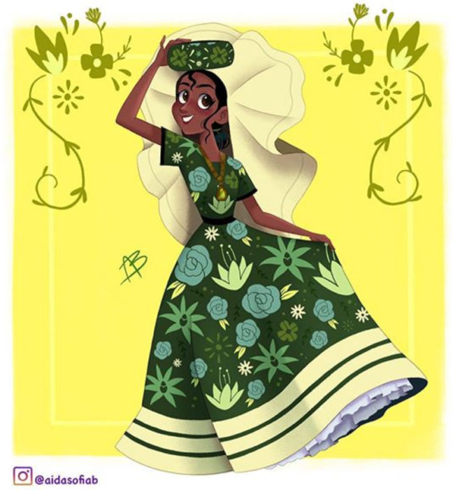 Ilustración de Aida Sofia Barba de la princesa Tiana usando el traje típico del estado de Oaxaca