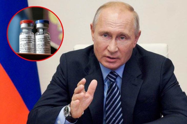 Vladimir Putin, presidente de Rusia y algunas ampolletas de vacunas contra Covid-19
