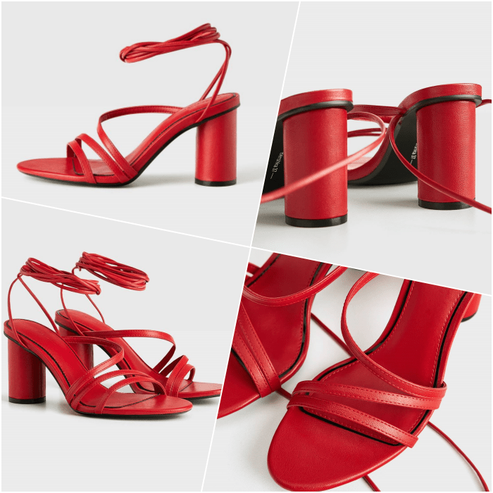 sandalias de tacón color rojo intenso con punta ovalada