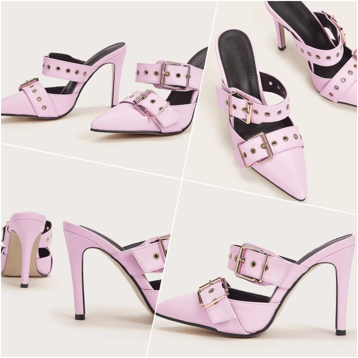 zapatos de tacón rosas claro con detalle de hebillas