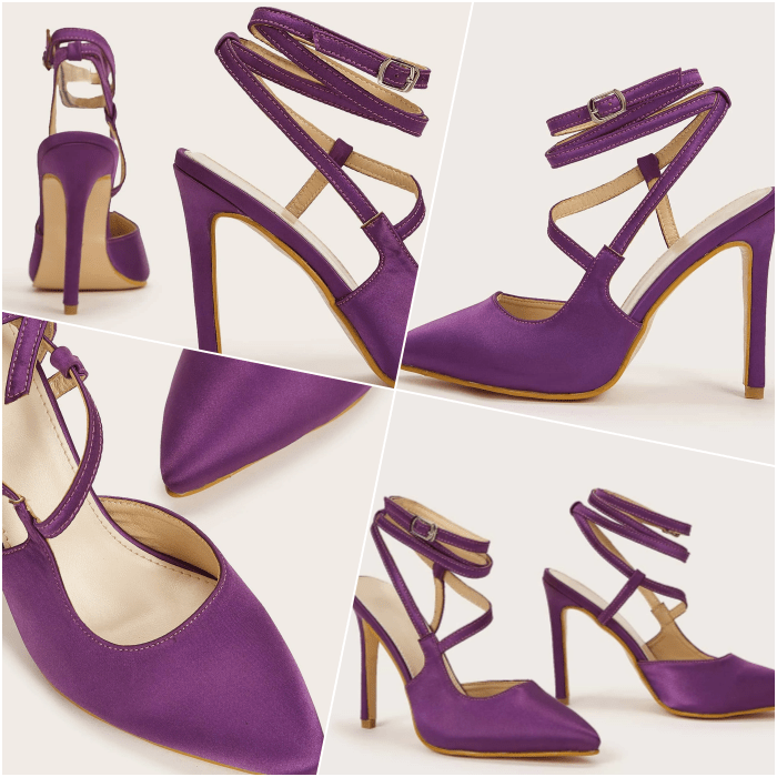 zapatos de tacón color morado con ajuste al tobillo