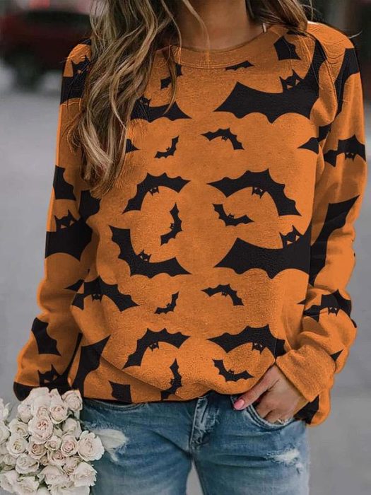 Sudadera inspirada en Halloween, de color naranja y estampado de murciélagos