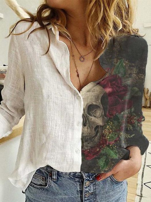 Camisa inspirada en Día de muertos, de manga larga, la mitad color beige y la otra mitad con estampado de calavera y color verde