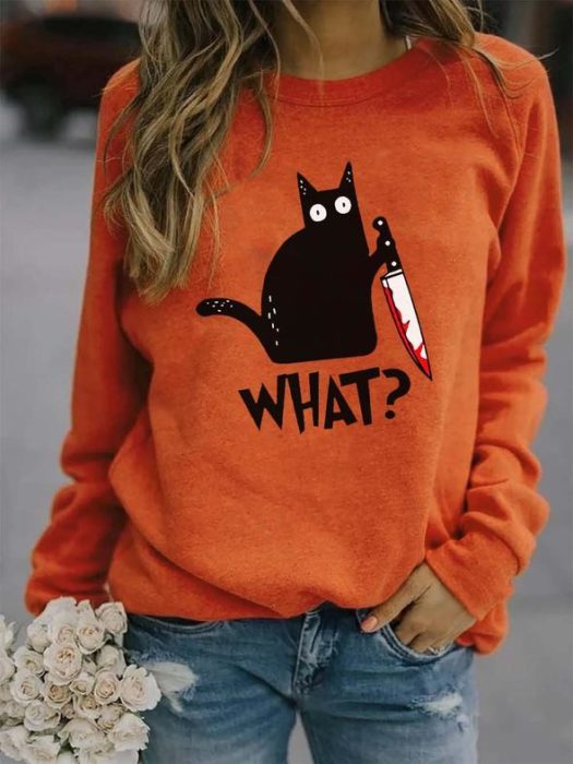 Sudadera inspirada en Halloween, de color naranja, con estampado de gato negro con un cuchillo con sangre