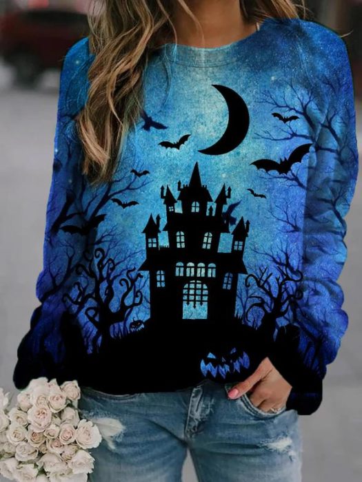 Sudadera inspirada en Halloween, de color azul y estampado de casa embrujada