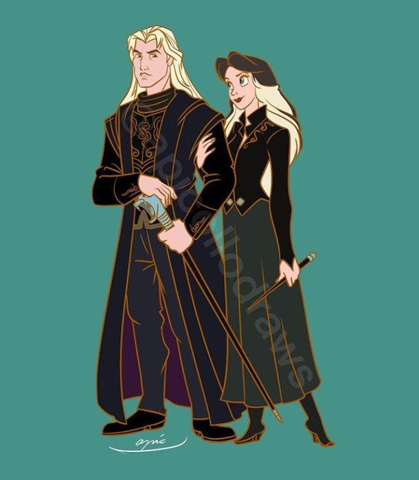 Ilustración de Alex Pick convirtiendo a Jhons Misth y Vanessa en Lucius y Narcissa Malfoy