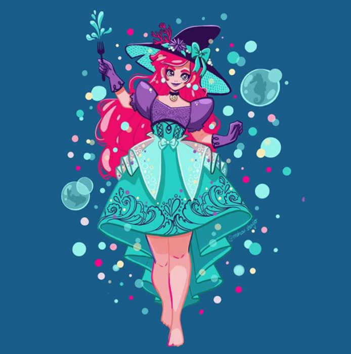 Ariel con disfraz de bruja, ilustrada por Meri