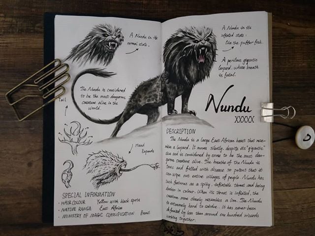 Ilustración del artista hazelnut_lz, inspirada en loas criaturas mágicas de Harry Potter, Nundu